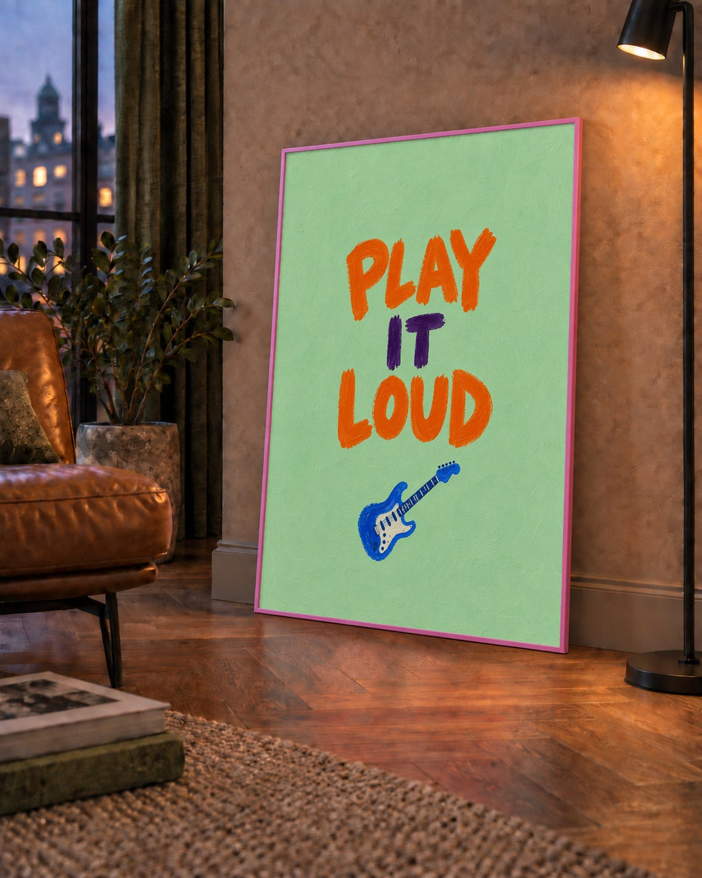 PLAY LOUD Elektrik Gitar Poster – Renkli ve Canlı Duvar Sanatı — çerçeveli hâliyle bir ev duvarında