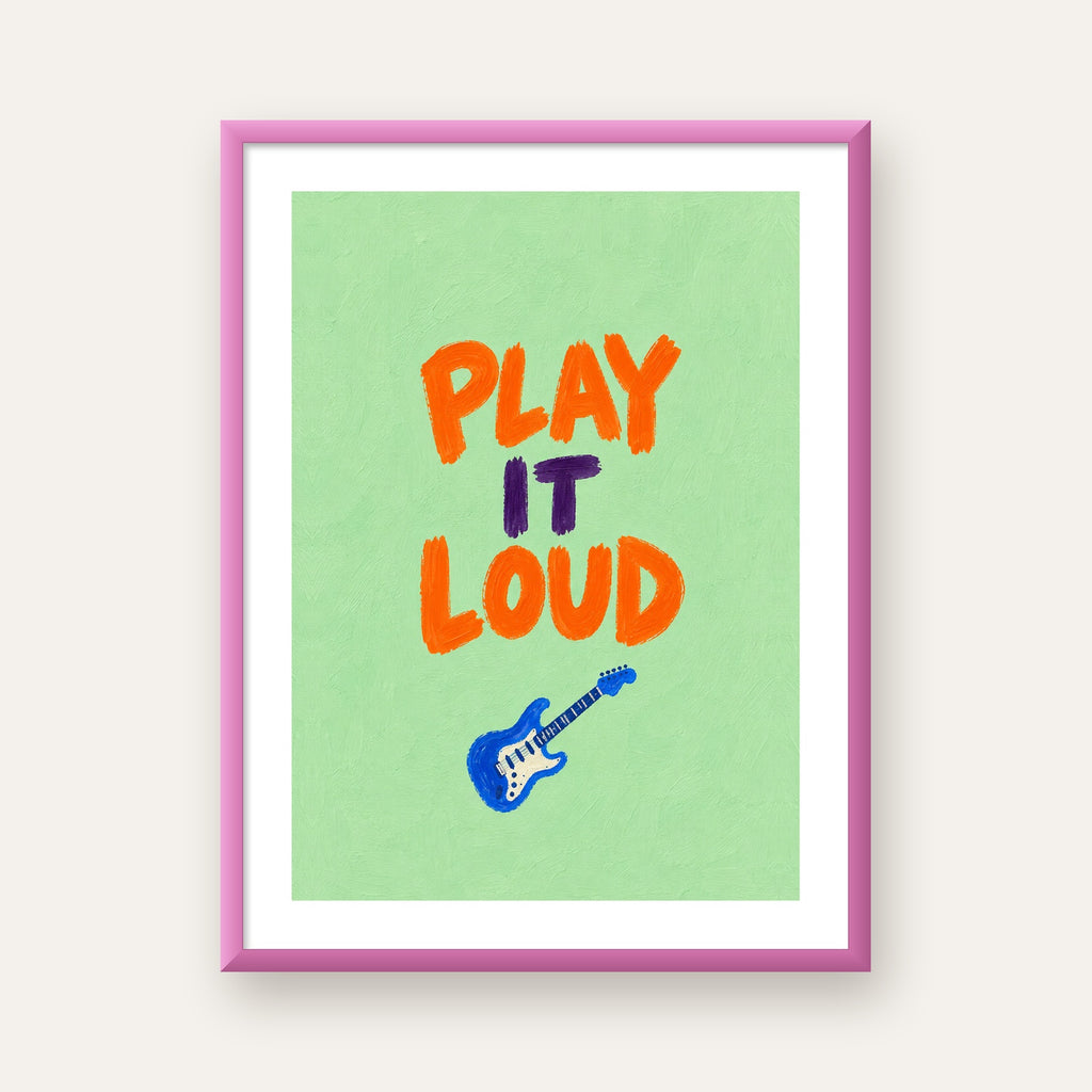 PLAY LOUD Elektrik Gitar Poster – Renkli ve Canlı Duvar Sanatı — pembe çerçeveli paspartulu