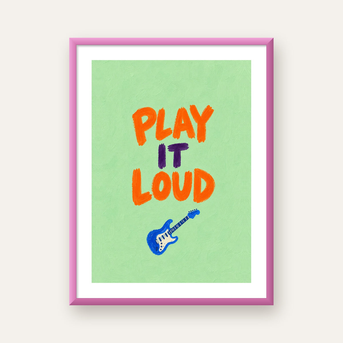 PLAY LOUD Elektrik Gitar Poster – Renkli ve Canlı Duvar Sanatı — pembe çerçeveli paspartulu