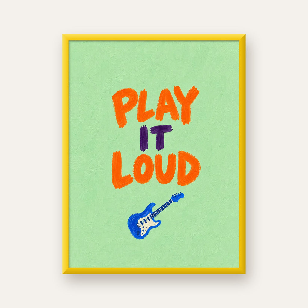 PLAY LOUD Elektrik Gitar Poster – Renkli ve Canlı Duvar Sanatı — sarı çerçeveli