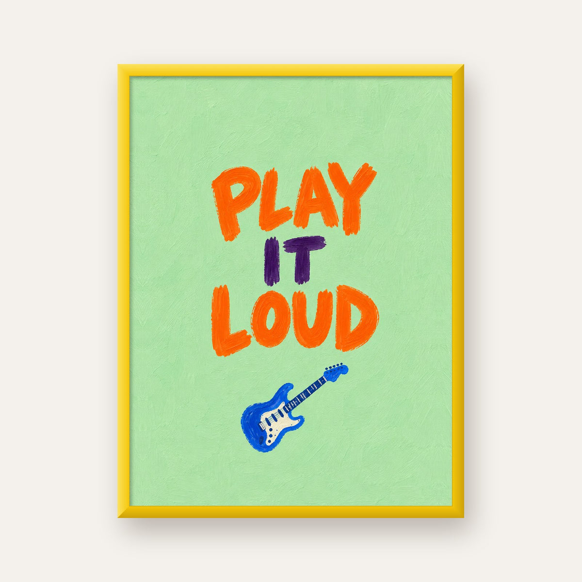 PLAY LOUD Elektrik Gitar Poster – Renkli ve Canlı Duvar Sanatı — sarı çerçeveli