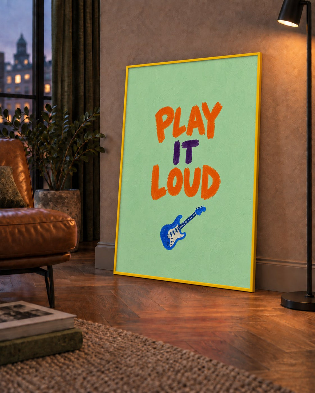 PLAY LOUD Elektrik Gitar Poster – Renkli ve Canlı Duvar Sanatı — çerçeveli hâliyle bir ev duvarında