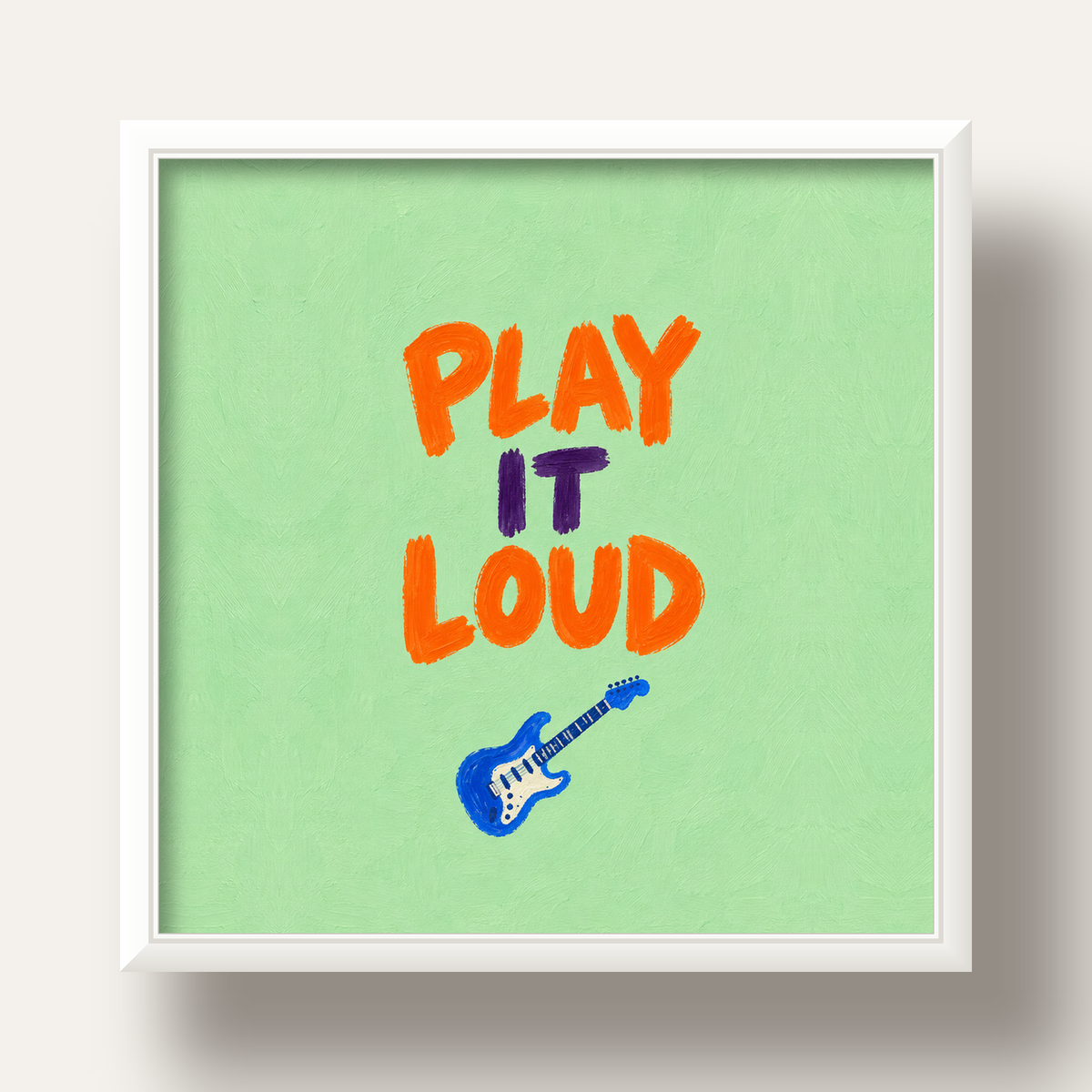 PLAY LOUD Elektrik Gitar Poster – Renkli ve Canlı Duvar Sanatı — beyaz derin çerçeveli