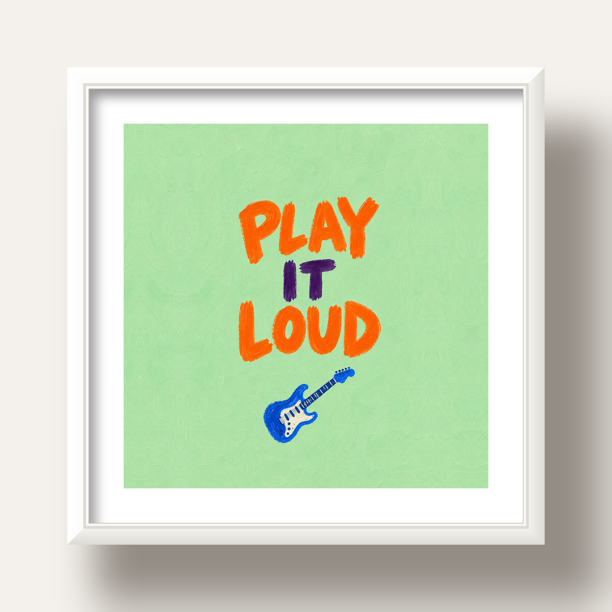 PLAY LOUD Elektrik Gitar Poster – Renkli ve Canlı Duvar Sanatı — beyaz derin çerçeveli paspartulu