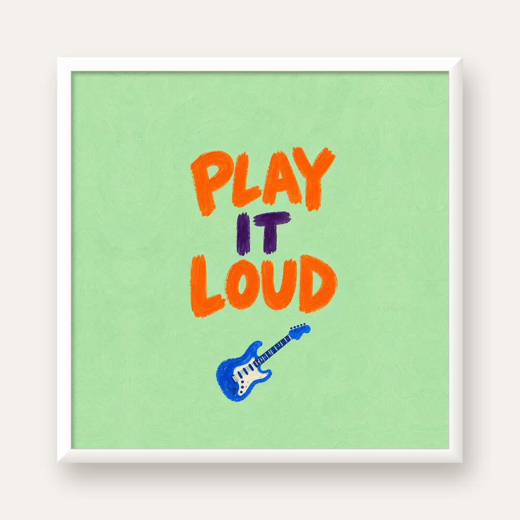 PLAY LOUD Elektrik Gitar Poster – Renkli ve Canlı Duvar Sanatı — beyaz çerçeveli kare poster