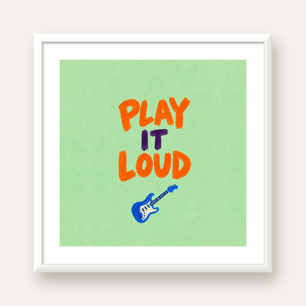 PLAY LOUD Elektrik Gitar Poster – Renkli ve Canlı Duvar Sanatı — beyaz çerçeveli kare poster