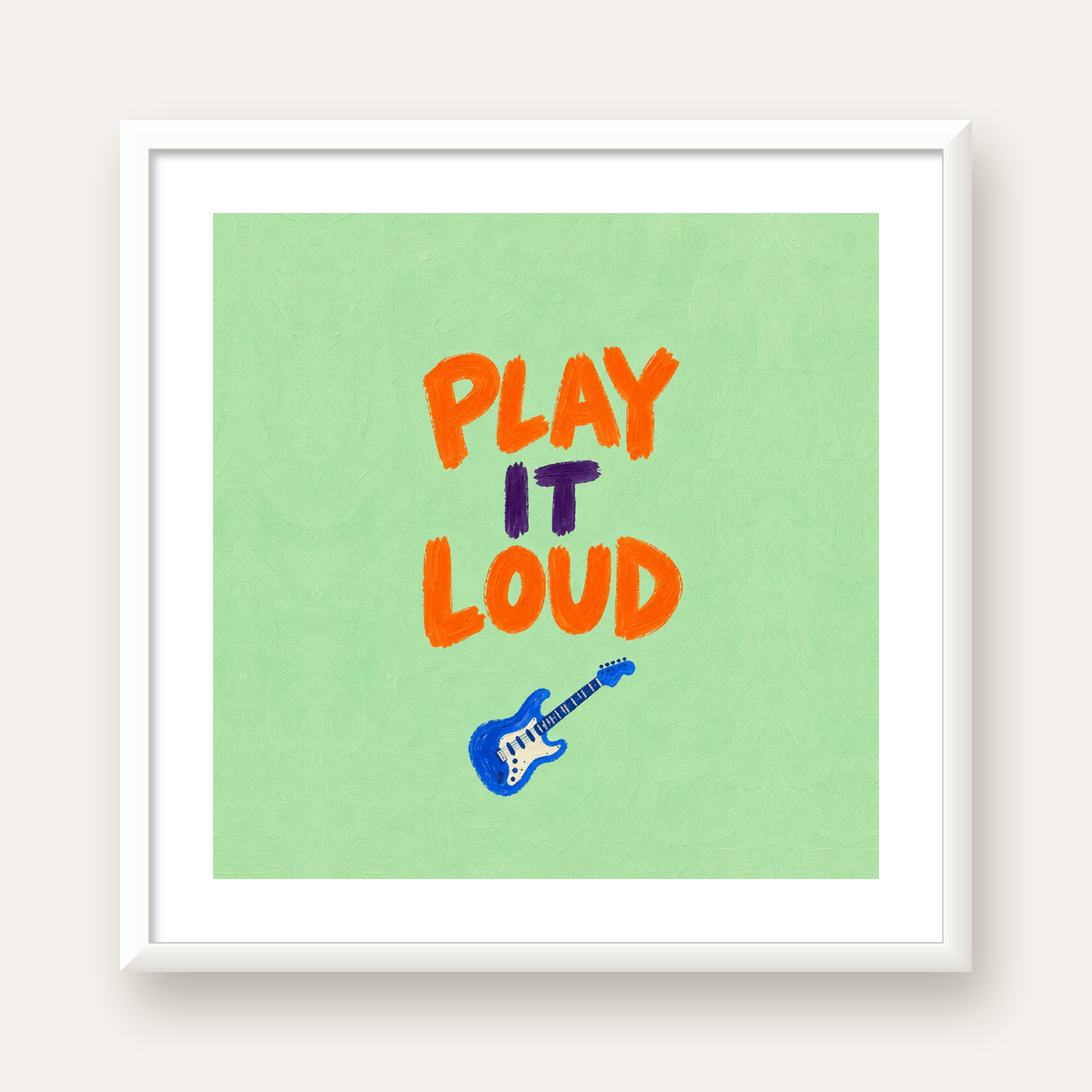 PLAY LOUD Elektrik Gitar Poster – Renkli ve Canlı Duvar Sanatı — beyaz çerçeveli kare poster