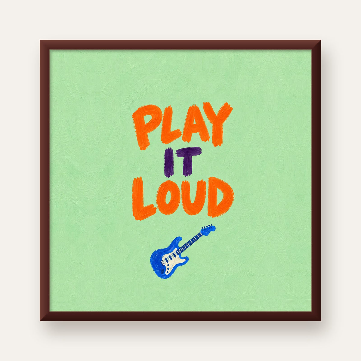 PLAY LOUD Elektrik Gitar Poster – Renkli ve Canlı Duvar Sanatı — ceviz çerçeveli