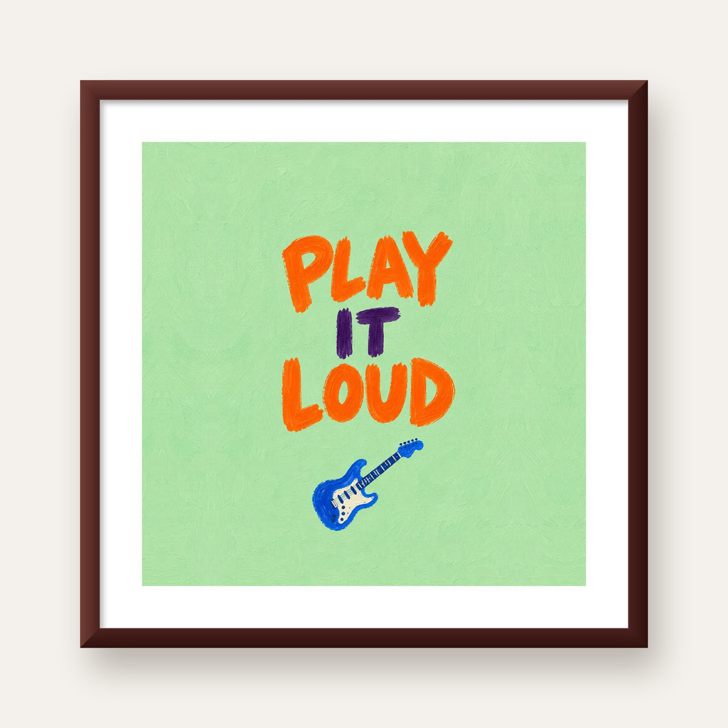 PLAY LOUD Elektrik Gitar Poster – Renkli ve Canlı Duvar Sanatı — ceviz çerçeveli paspartulu