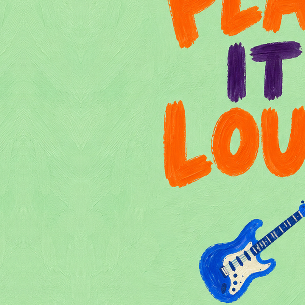 PLAY IT LOUD Elektrik Gitar Temalı Poster – Motive Edici Duvar Dekoru — baskının yakın çekimi, kâğıt dokusu ve renk detayı