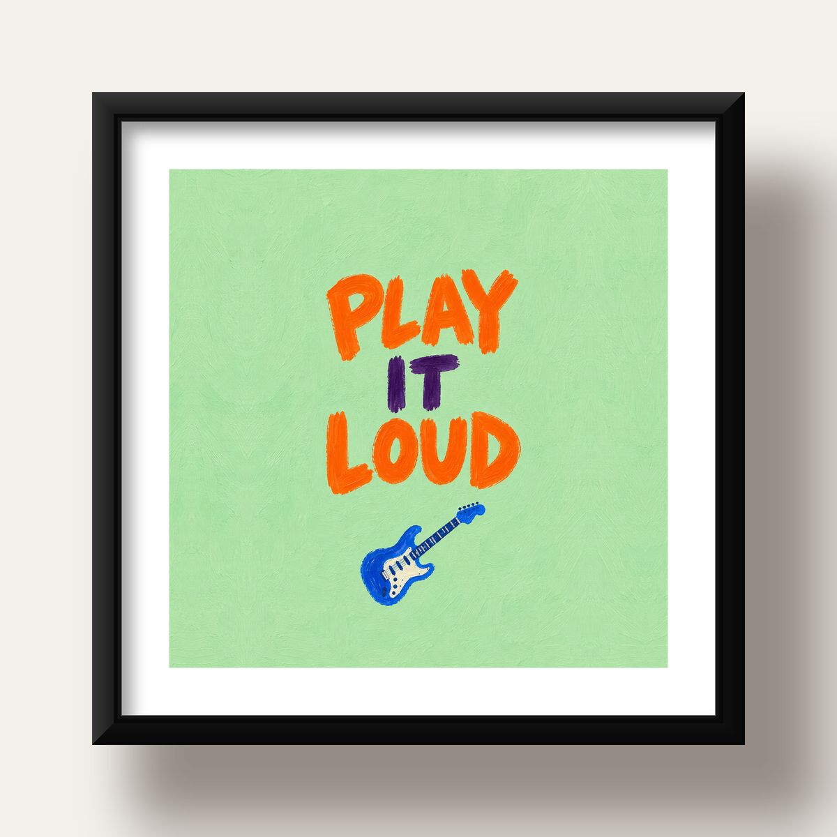 PLAY LOUD Elektrik Gitar Poster – Renkli ve Canlı Duvar Sanatı — siyah derin çerçeveli paspartulu