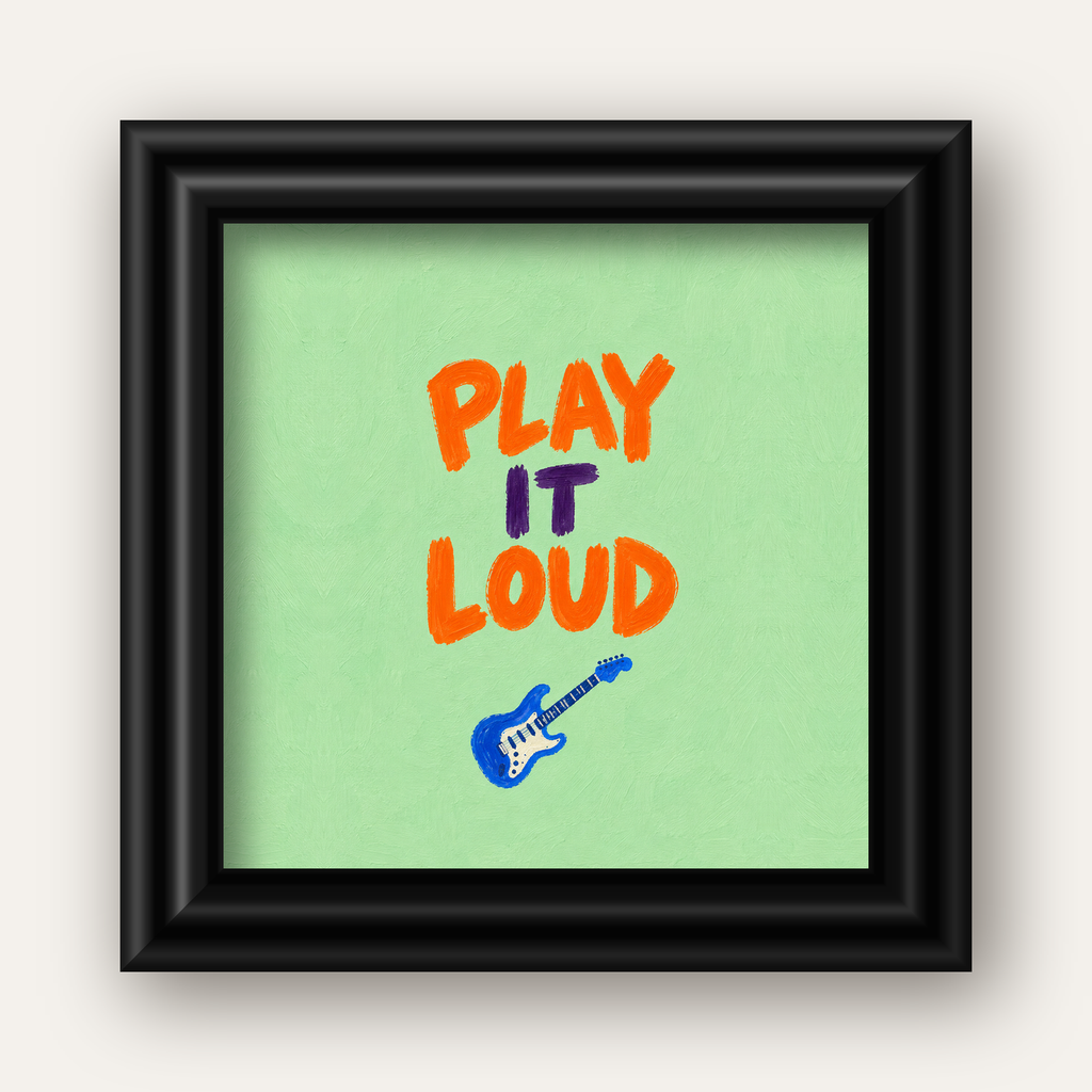 PLAY LOUD Elektrik Gitar Poster – Renkli ve Canlı Duvar Sanatı — siyah galeri çerçeveli