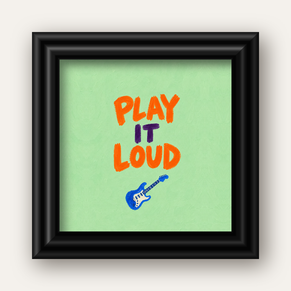 PLAY LOUD Elektrik Gitar Poster – Renkli ve Canlı Duvar Sanatı — siyah galeri çerçeveli