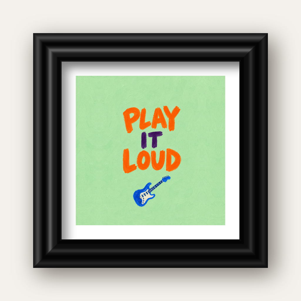 PLAY LOUD Elektrik Gitar Poster – Renkli ve Canlı Duvar Sanatı — siyah galeri çerçeveli paspartulu