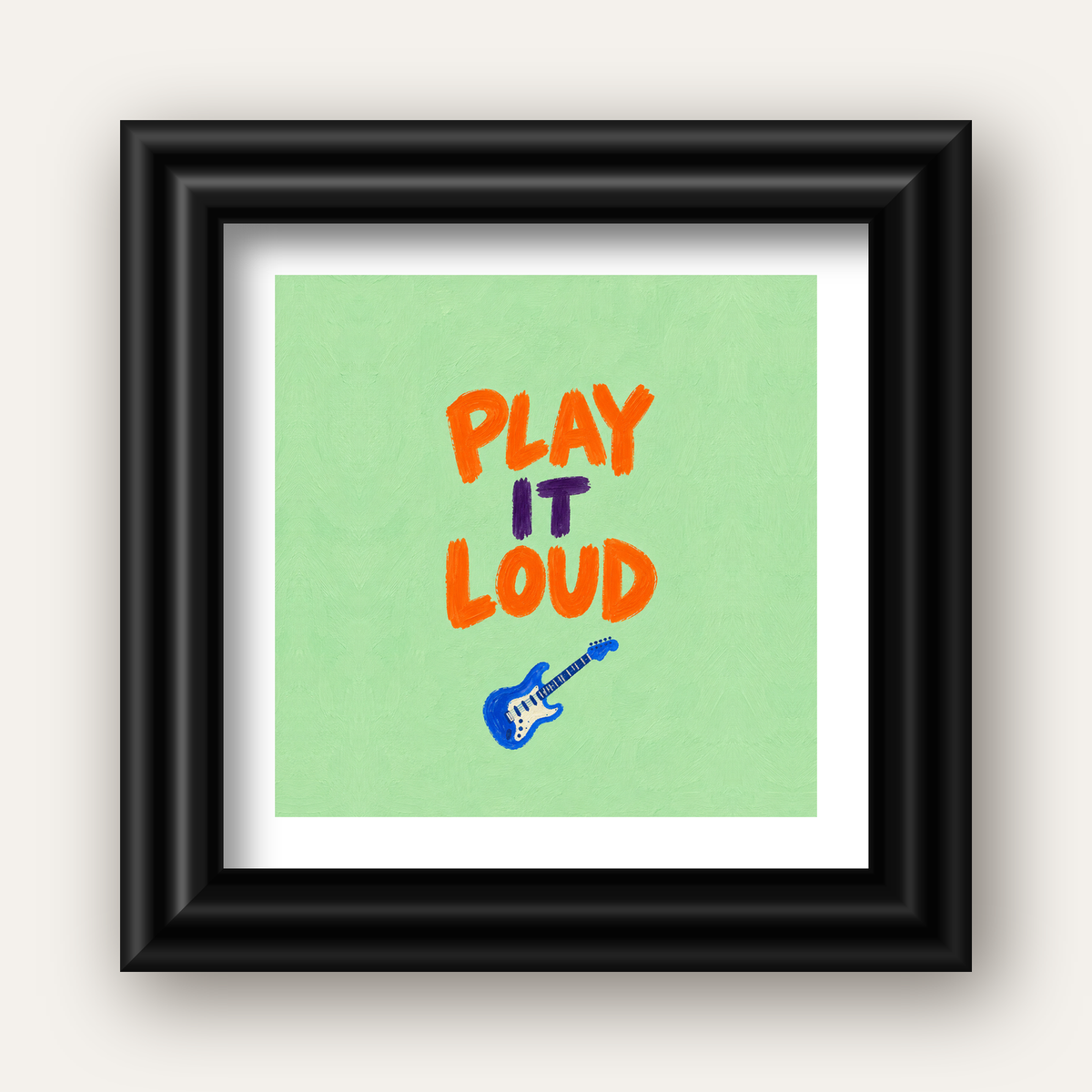 PLAY LOUD Elektrik Gitar Poster – Renkli ve Canlı Duvar Sanatı — siyah galeri çerçeveli paspartulu