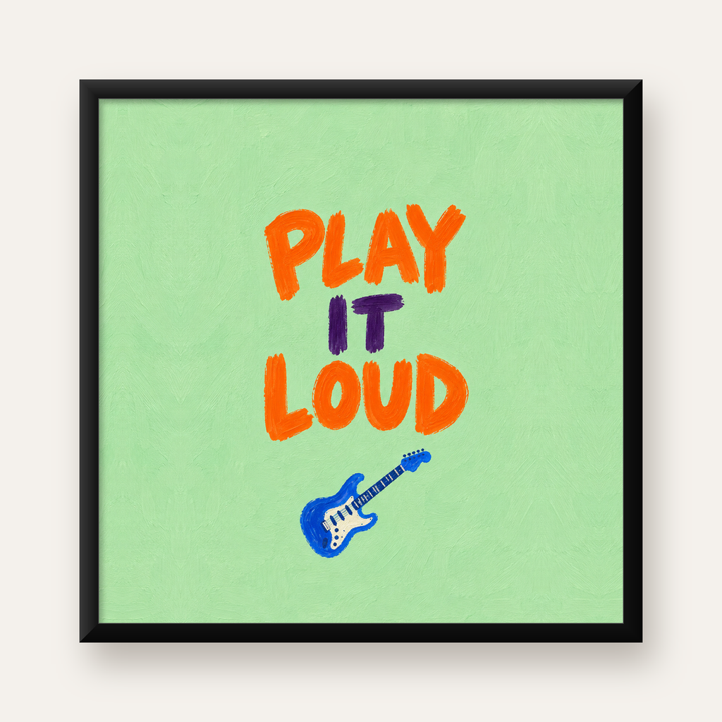 PLAY IT LOUD Elektrik Gitar Temalı Poster – Motive Edici Duvar Dekoru — Kare baskı, düz siyah çerçeveli duvar posteri