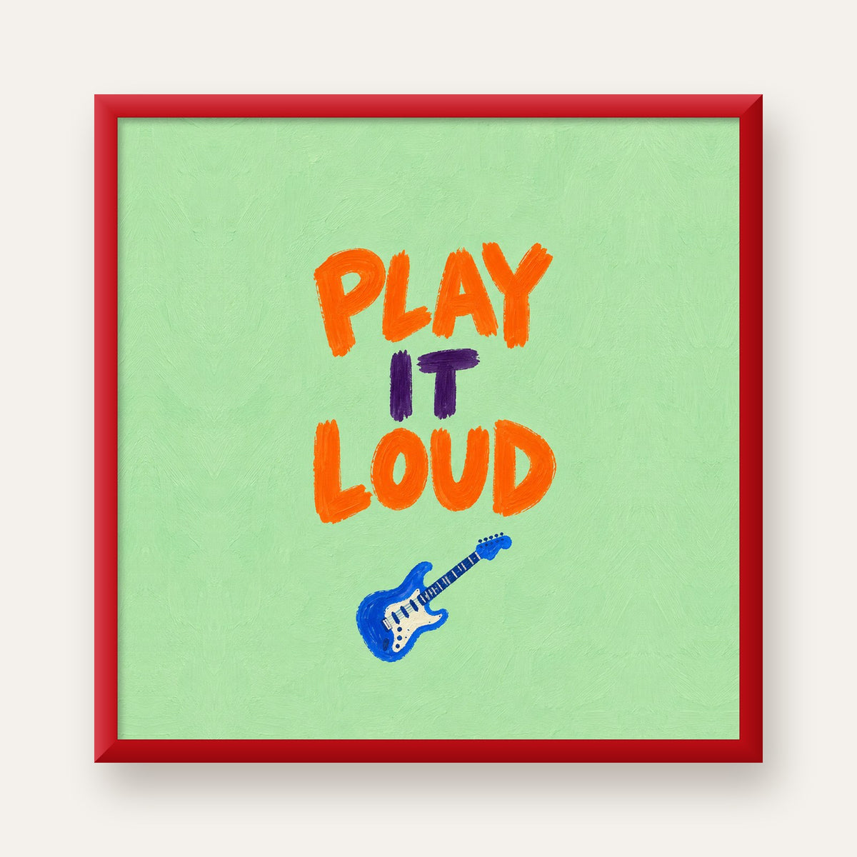 PLAY LOUD Elektrik Gitar Poster – Renkli ve Canlı Duvar Sanatı — kırmızı çerçeveli