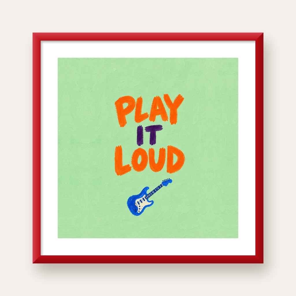 PLAY LOUD Elektrik Gitar Poster – Renkli ve Canlı Duvar Sanatı — kırmızı çerçeveli paspartulu