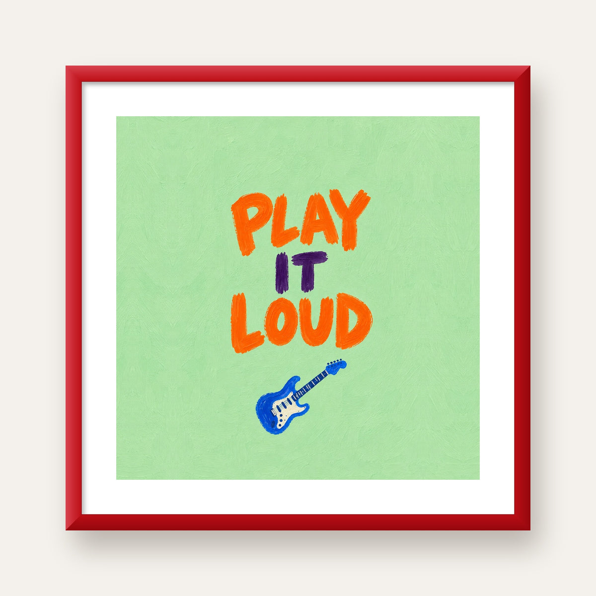 PLAY LOUD Elektrik Gitar Poster – Renkli ve Canlı Duvar Sanatı — kırmızı çerçeveli paspartulu