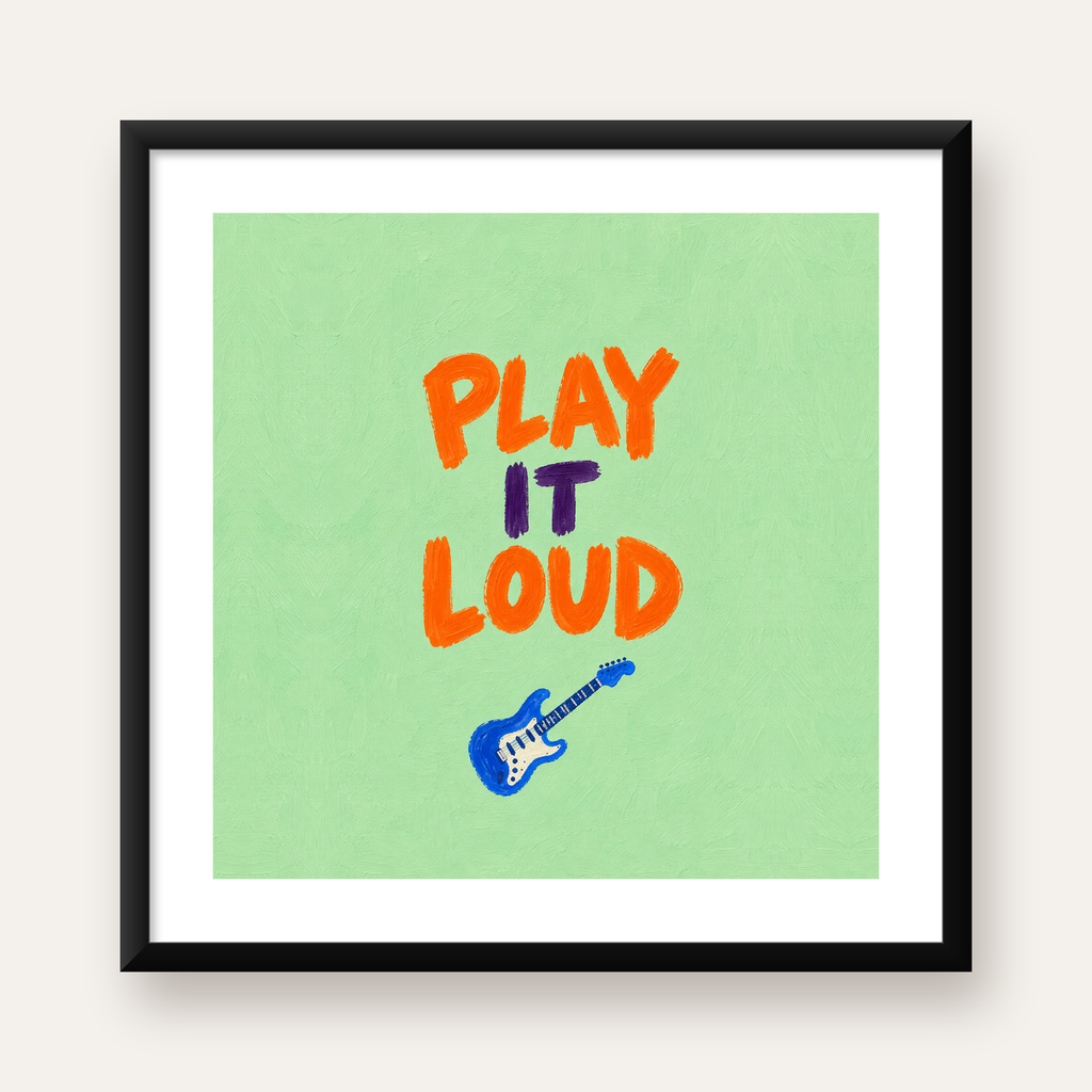 PLAY IT LOUD Elektrik Gitar Temalı Poster – Motive Edici Duvar Dekoru — Kare baskı, beyaz kenar boşluklu