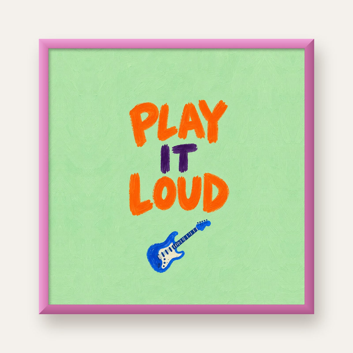 PLAY LOUD Elektrik Gitar Poster – Renkli ve Canlı Duvar Sanatı — pembe çerçeveli