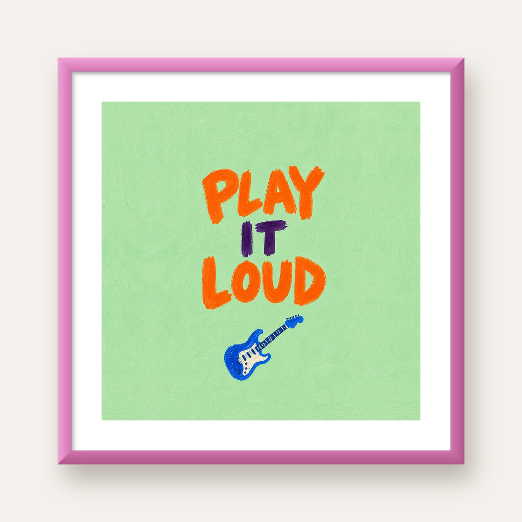 PLAY LOUD Elektrik Gitar Poster – Renkli ve Canlı Duvar Sanatı — pembe çerçeveli paspartulu