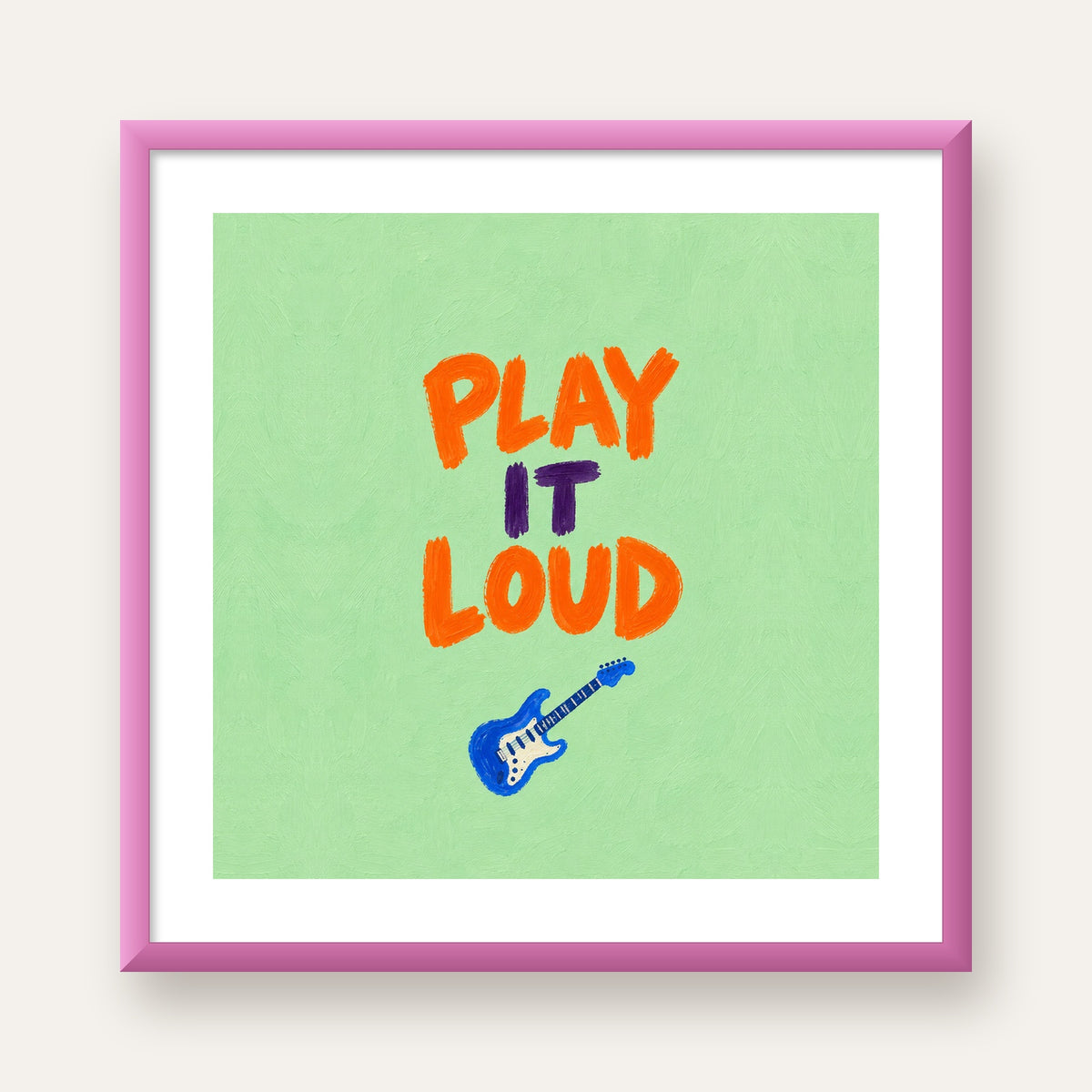 PLAY LOUD Elektrik Gitar Poster – Renkli ve Canlı Duvar Sanatı — pembe çerçeveli paspartulu