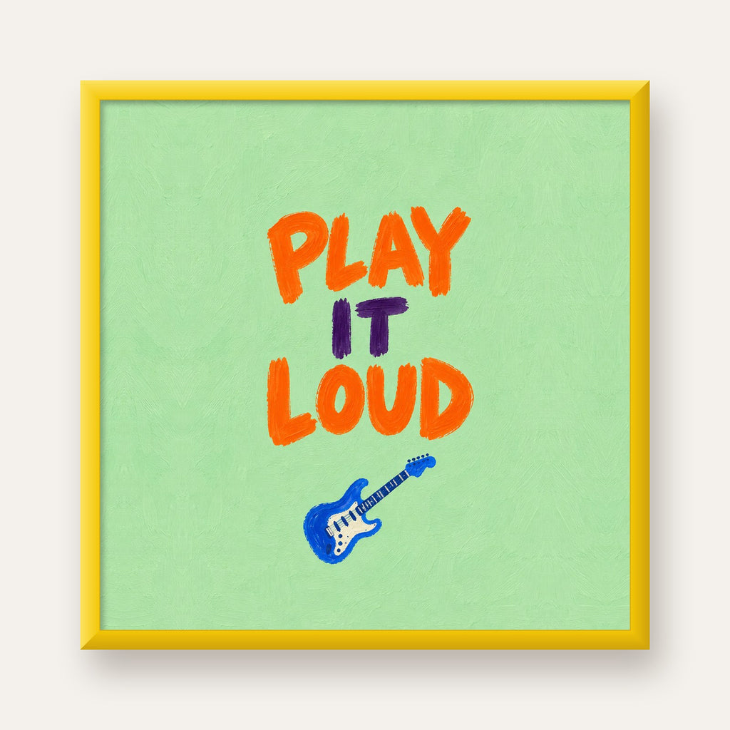 PLAY LOUD Elektrik Gitar Poster – Renkli ve Canlı Duvar Sanatı — sarı çerçeveli