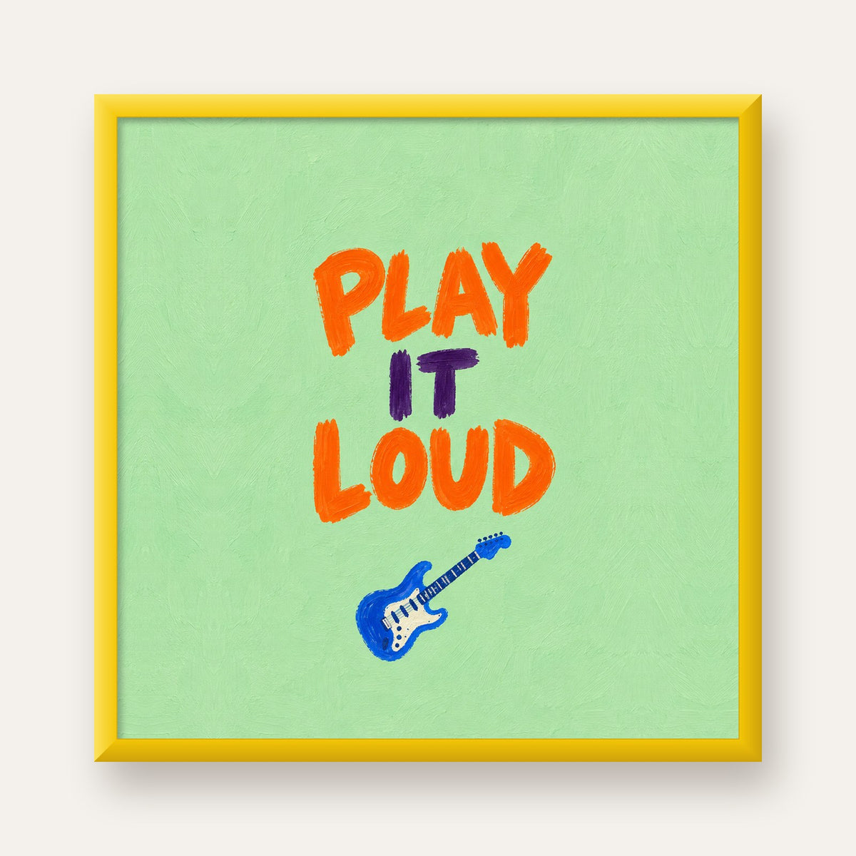 PLAY LOUD Elektrik Gitar Poster – Renkli ve Canlı Duvar Sanatı — sarı çerçeveli