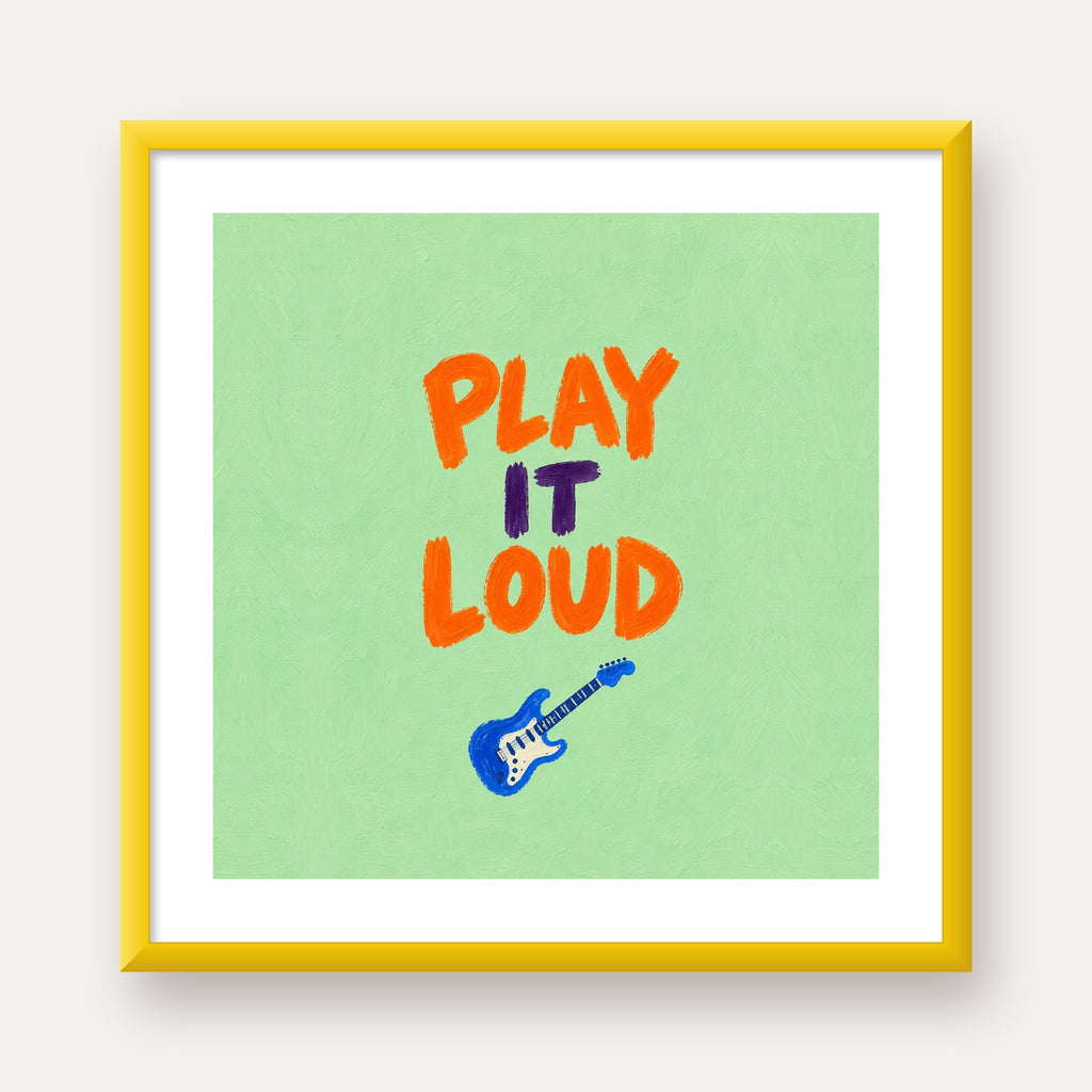 PLAY LOUD Elektrik Gitar Poster – Renkli ve Canlı Duvar Sanatı — sarı çerçeveli paspartulu