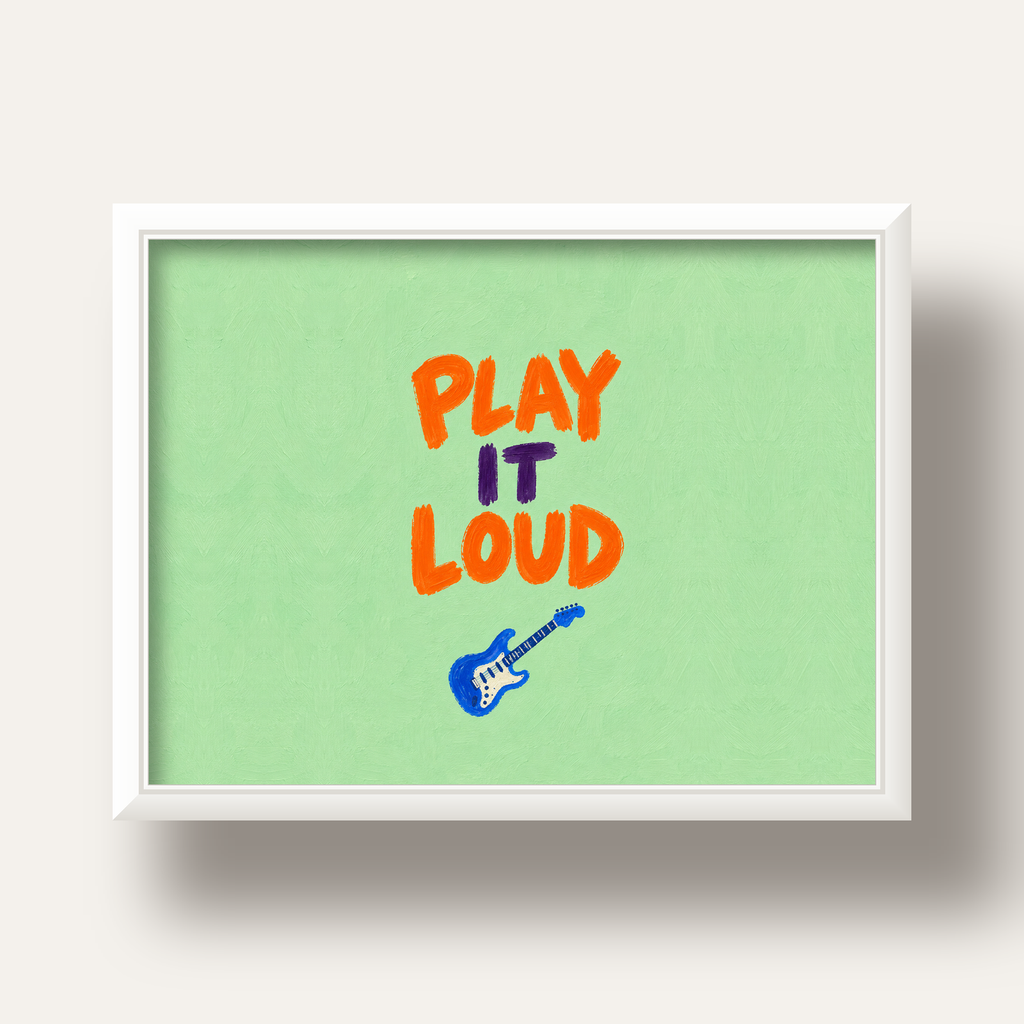PLAY LOUD Elektrik Gitar Poster – Renkli ve Canlı Duvar Sanatı — beyaz derin çerçeveli