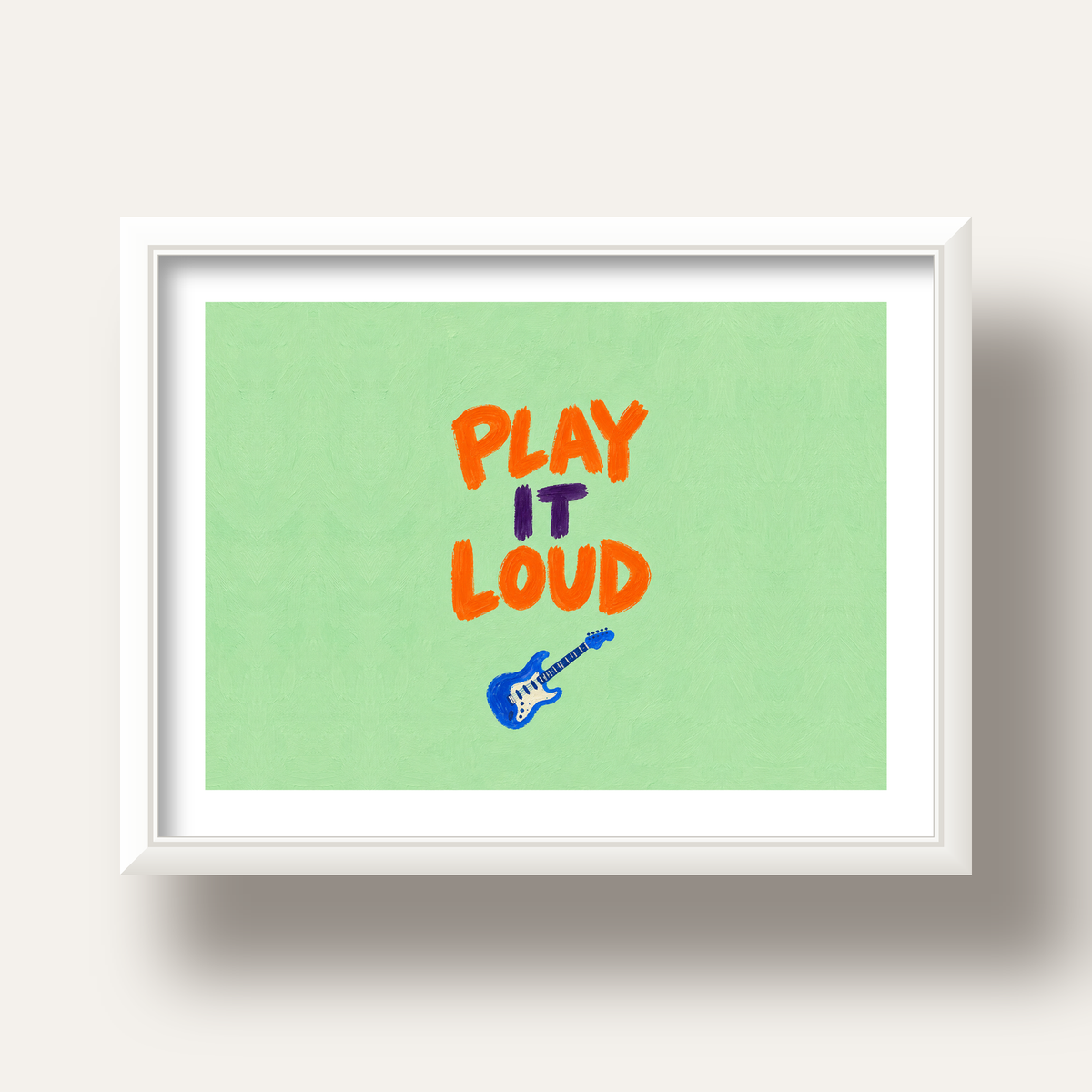 PLAY LOUD Elektrik Gitar Poster – Renkli ve Canlı Duvar Sanatı — beyaz derin çerçeveli paspartulu