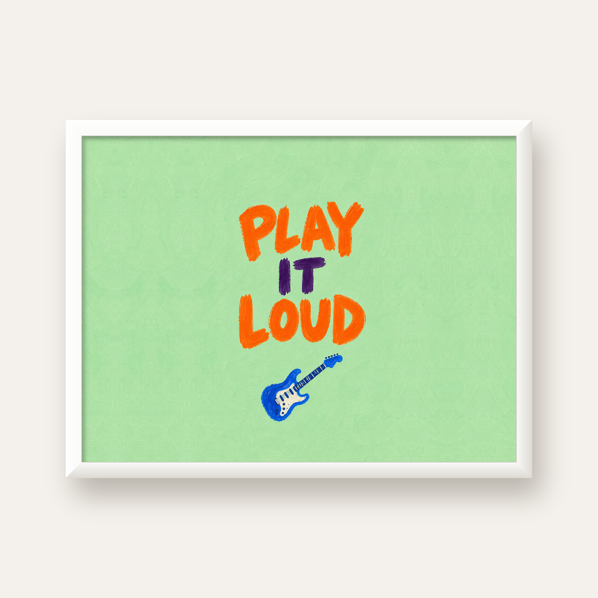 PLAY LOUD Elektrik Gitar Poster – Renkli ve Canlı Duvar Sanatı — beyaz çerçeveli yatay poster