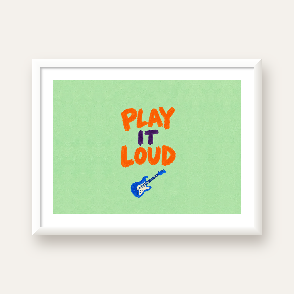 PLAY LOUD Elektrik Gitar Poster – Renkli ve Canlı Duvar Sanatı — beyaz çerçeveli yatay poster