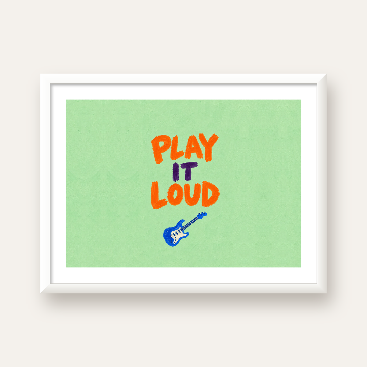 PLAY LOUD Elektrik Gitar Poster – Renkli ve Canlı Duvar Sanatı — beyaz çerçeveli yatay poster