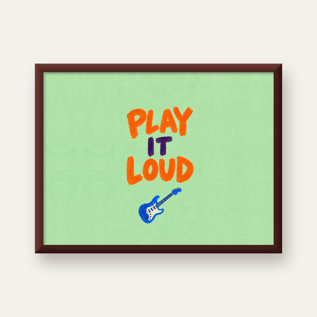 PLAY LOUD Elektrik Gitar Poster – Renkli ve Canlı Duvar Sanatı — ceviz çerçeveli