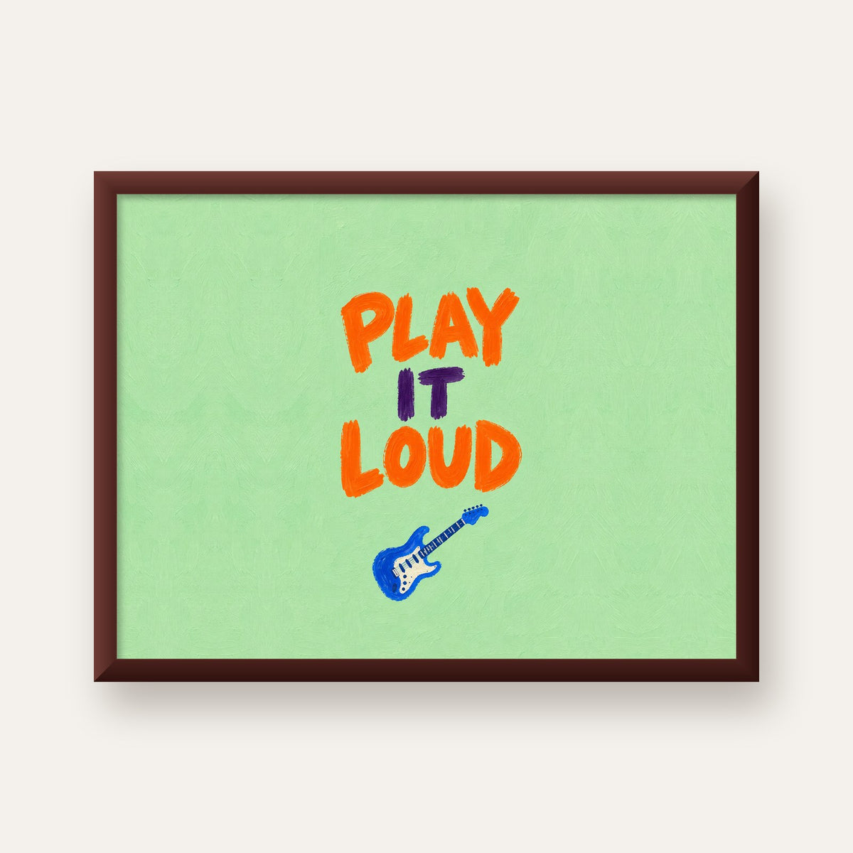 PLAY LOUD Elektrik Gitar Poster – Renkli ve Canlı Duvar Sanatı — ceviz çerçeveli