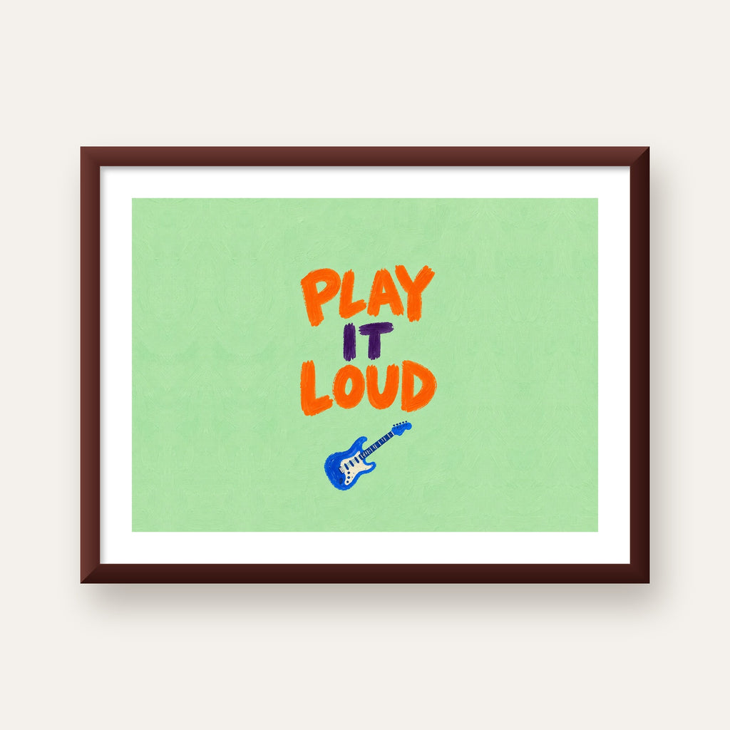 PLAY LOUD Elektrik Gitar Poster – Renkli ve Canlı Duvar Sanatı — ceviz çerçeveli paspartulu