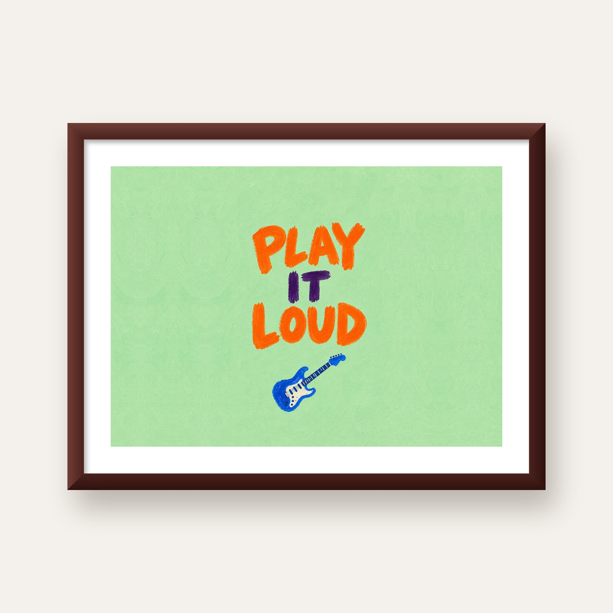 PLAY LOUD Elektrik Gitar Poster – Renkli ve Canlı Duvar Sanatı — ceviz çerçeveli paspartulu