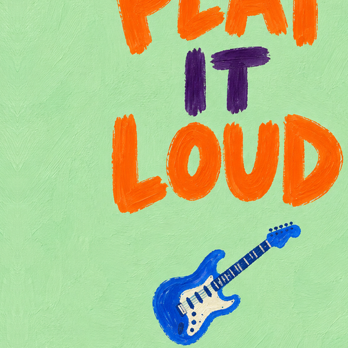 PLAY IT LOUD Elektrik Gitar Temalı Poster – Motive Edici Duvar Dekoru — baskının yakın çekimi, kâğıt dokusu ve renk detayı