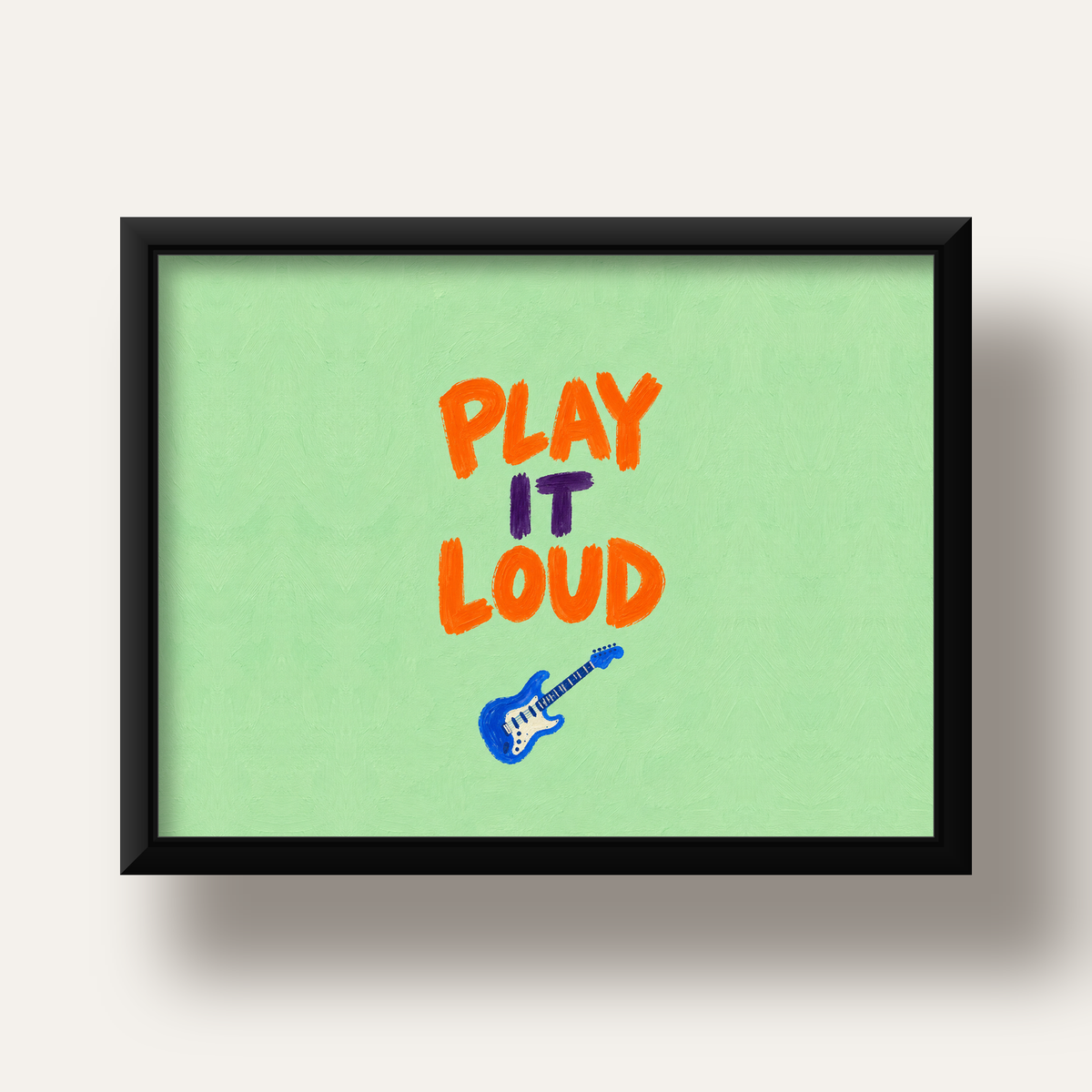 PLAY LOUD Elektrik Gitar Poster – Renkli ve Canlı Duvar Sanatı — siyah derin çerçeveli