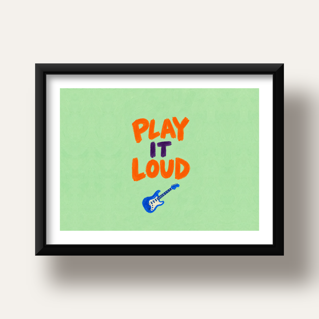 PLAY LOUD Elektrik Gitar Poster – Renkli ve Canlı Duvar Sanatı — siyah derin çerçeveli paspartulu