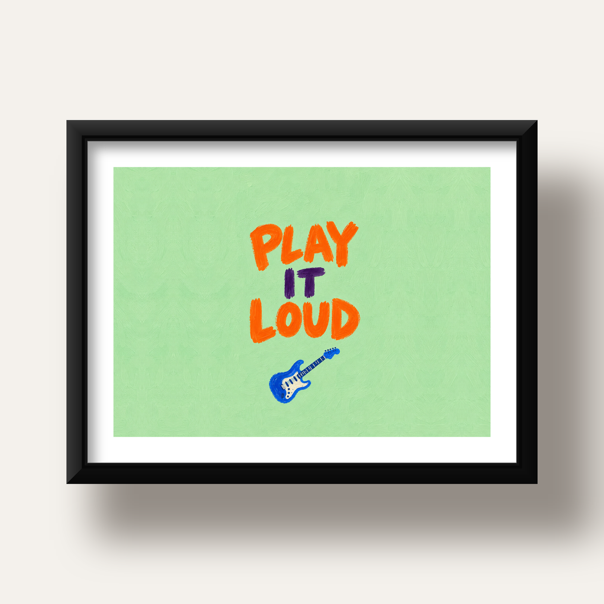 PLAY LOUD Elektrik Gitar Poster – Renkli ve Canlı Duvar Sanatı — siyah derin çerçeveli paspartulu