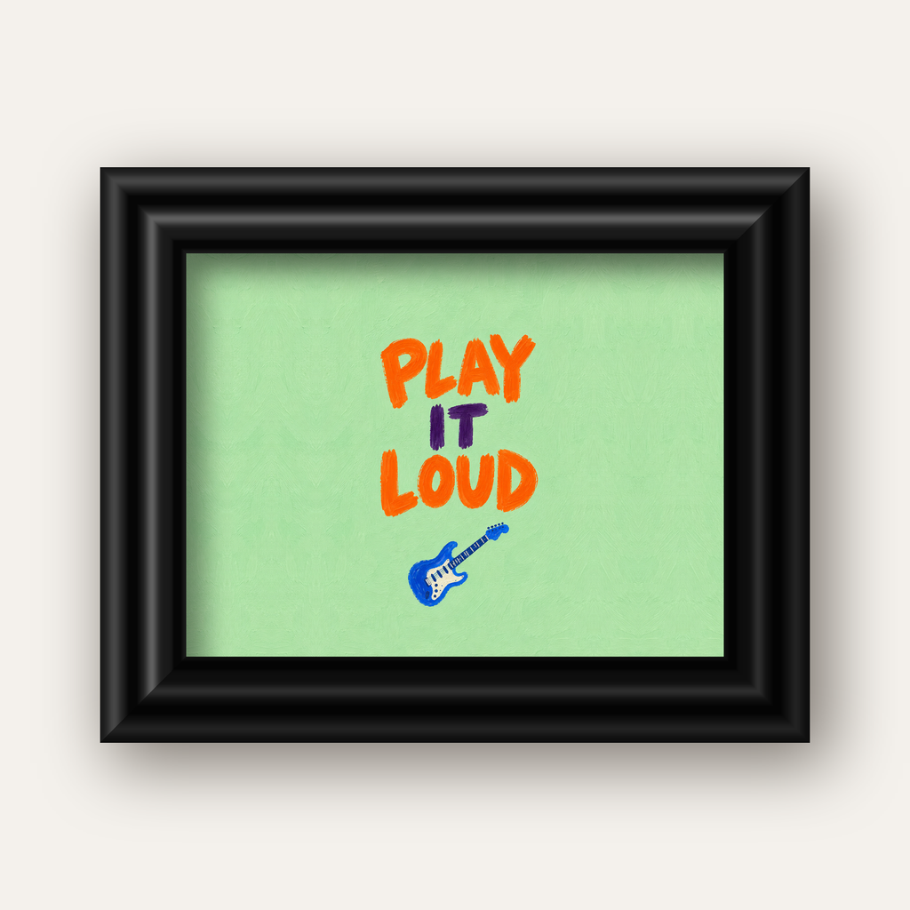 PLAY LOUD Elektrik Gitar Poster – Renkli ve Canlı Duvar Sanatı — siyah galeri çerçeveli