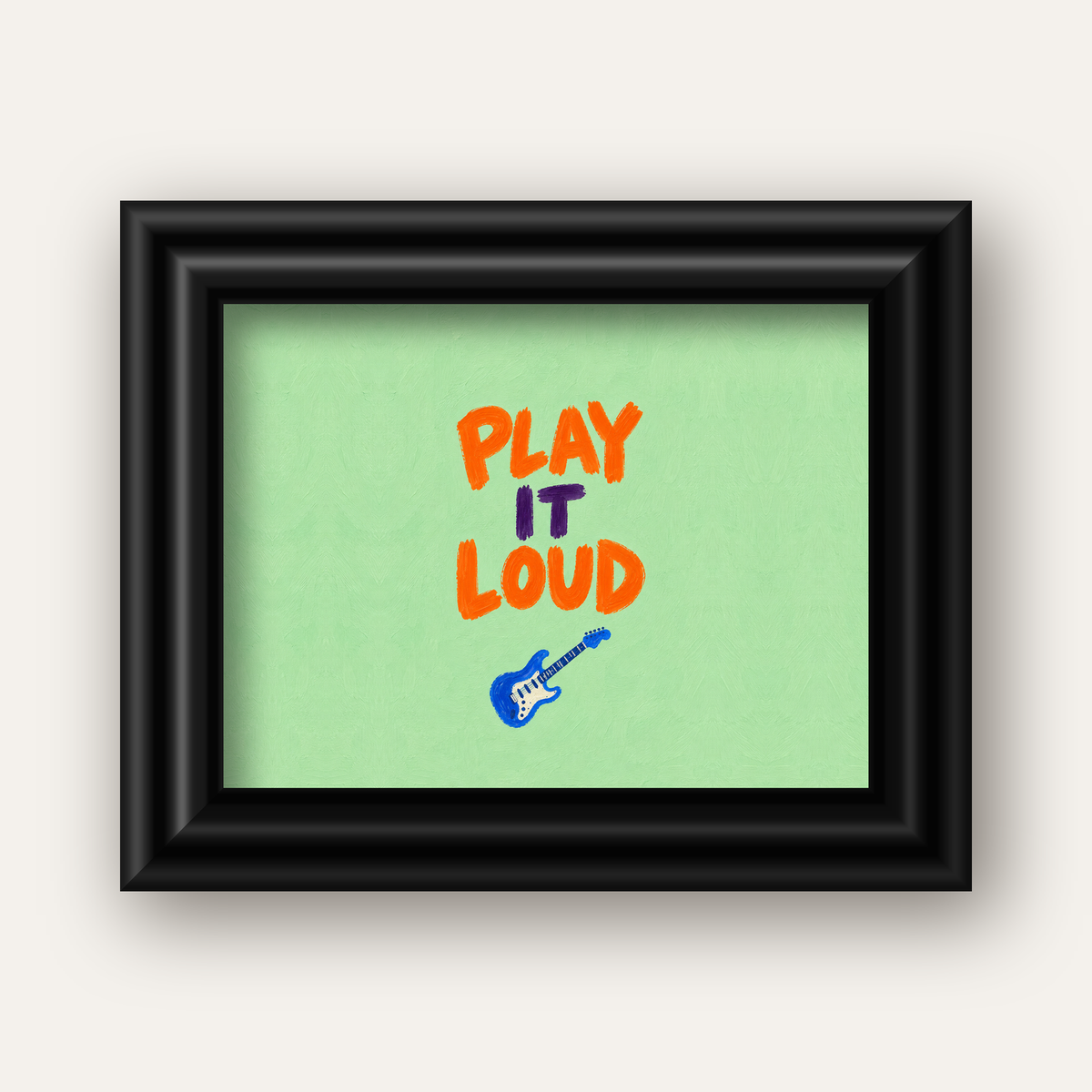PLAY LOUD Elektrik Gitar Poster – Renkli ve Canlı Duvar Sanatı — siyah galeri çerçeveli