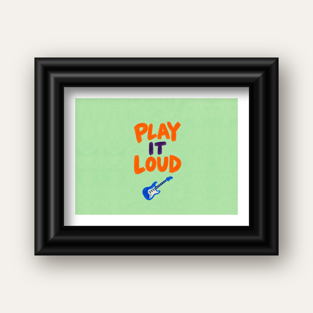 PLAY LOUD Elektrik Gitar Poster – Renkli ve Canlı Duvar Sanatı — siyah galeri çerçeveli paspartulu