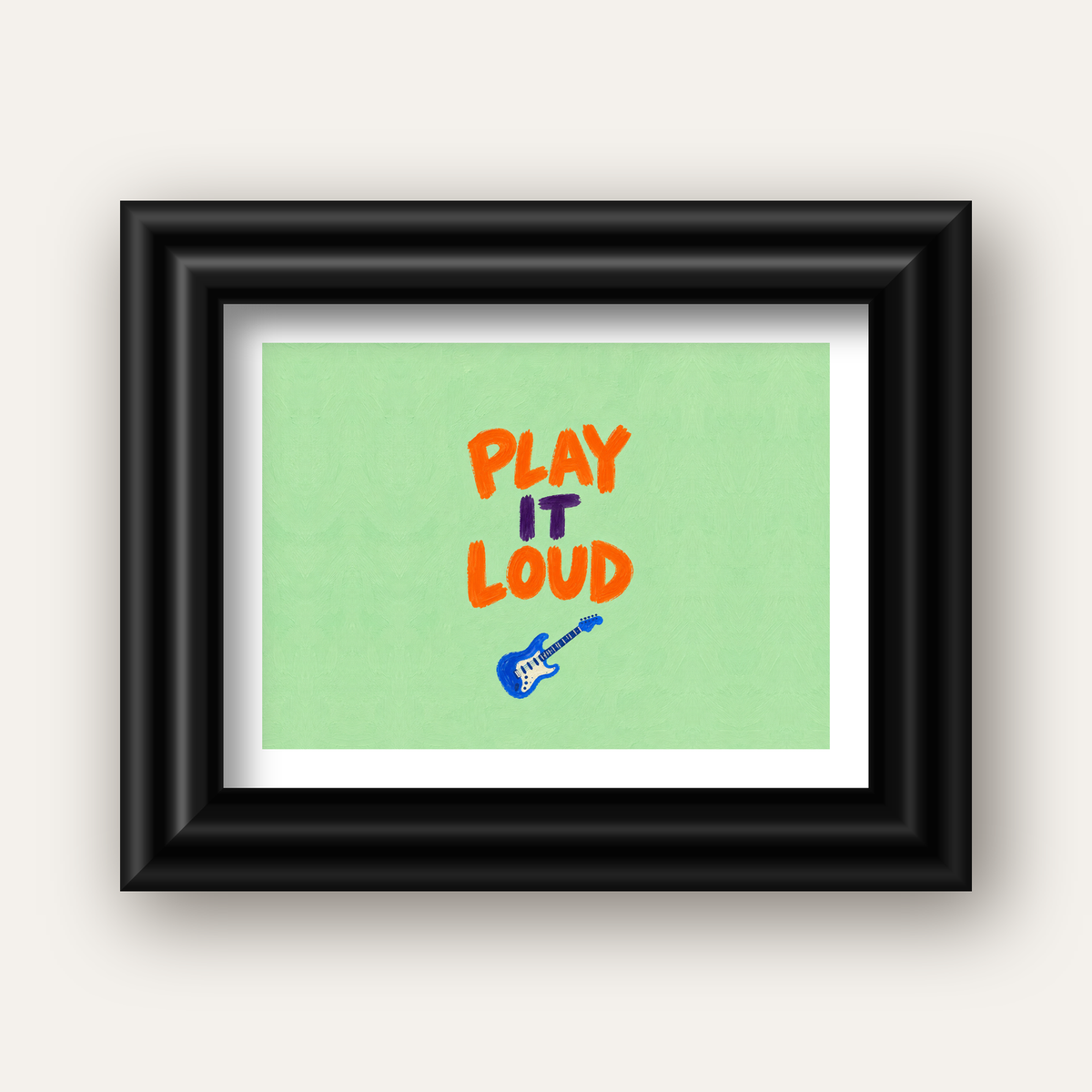 PLAY LOUD Elektrik Gitar Poster – Renkli ve Canlı Duvar Sanatı — siyah galeri çerçeveli paspartulu