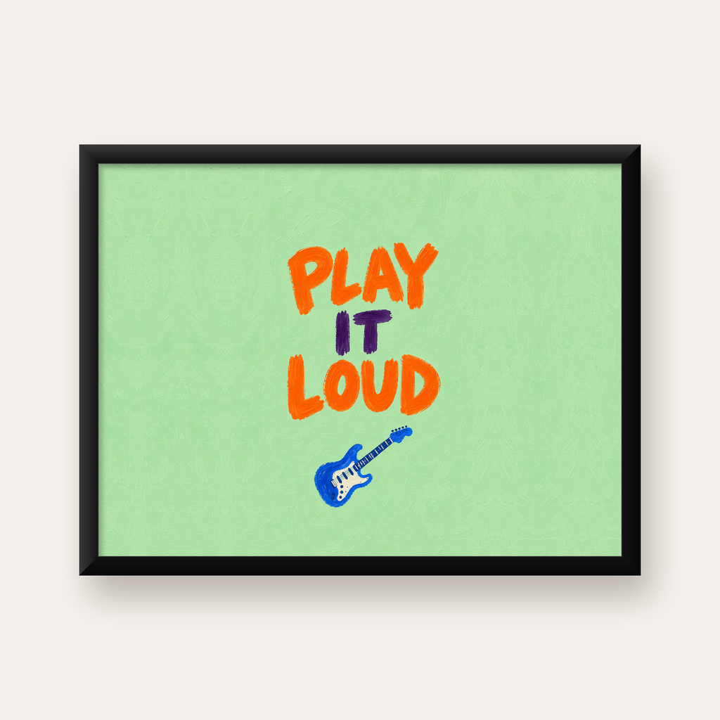 PLAY IT LOUD Elektrik Gitar Temalı Poster – Motive Edici Duvar Dekoru — Yatay baskı, düz siyah çerçeveli duvar posteri