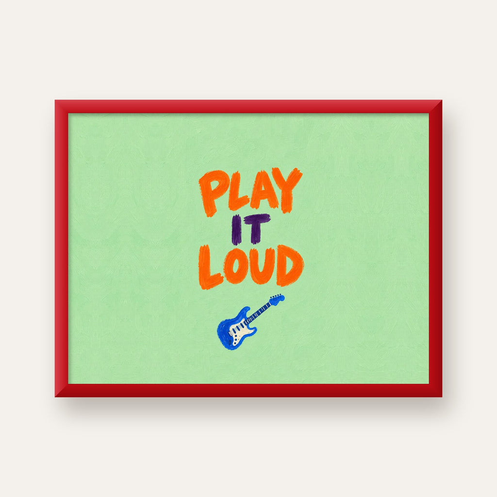 PLAY LOUD Elektrik Gitar Poster – Renkli ve Canlı Duvar Sanatı — kırmızı çerçeveli