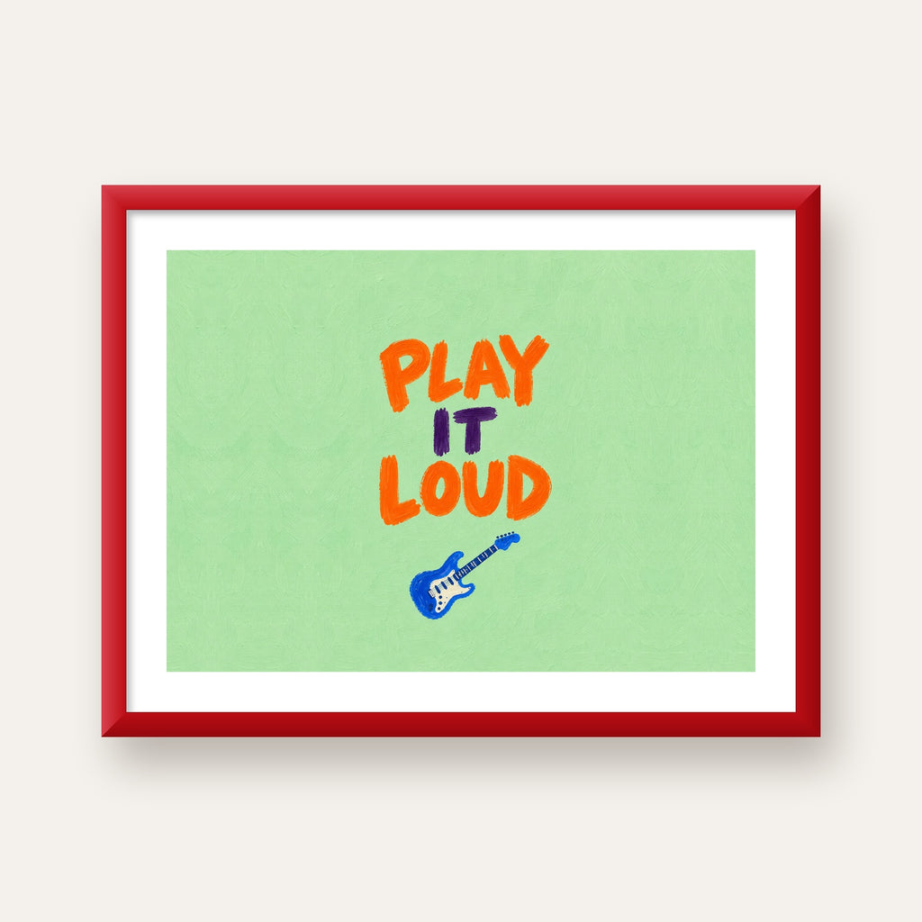 PLAY LOUD Elektrik Gitar Poster – Renkli ve Canlı Duvar Sanatı — kırmızı çerçeveli paspartulu